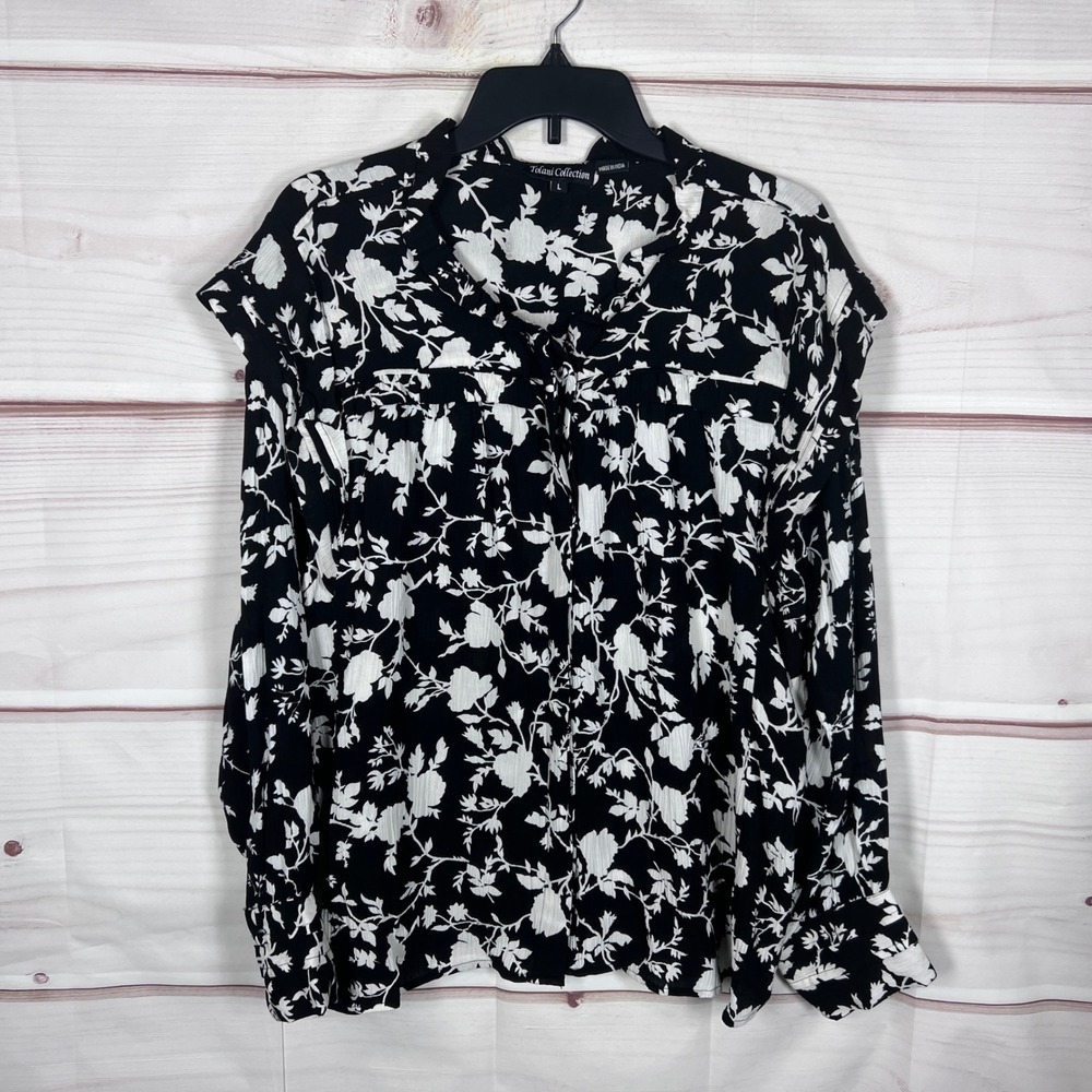Tolani Collection Blouse Womens Large Black Floral Long Sleeve V-Neck Ruffles